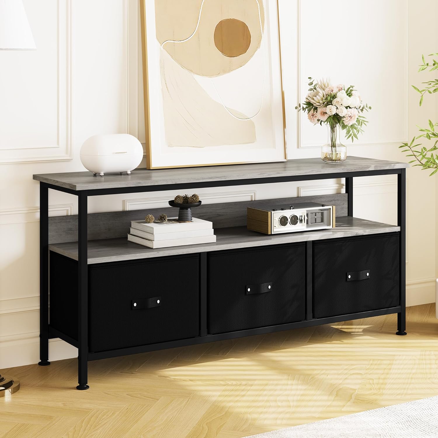 Garvee Taotigzu TV-Schrank, Fernsehschrank, Lowboard Für Fernseher Bis Zu 65 Zoll, TV Board Mit 3 Schubladen Aus Stoff, 1 Offenen Fächern, Fernsehtisch Mit Stahlgestell Für Wohnzimmer, 120Lx30Wx57Hcm