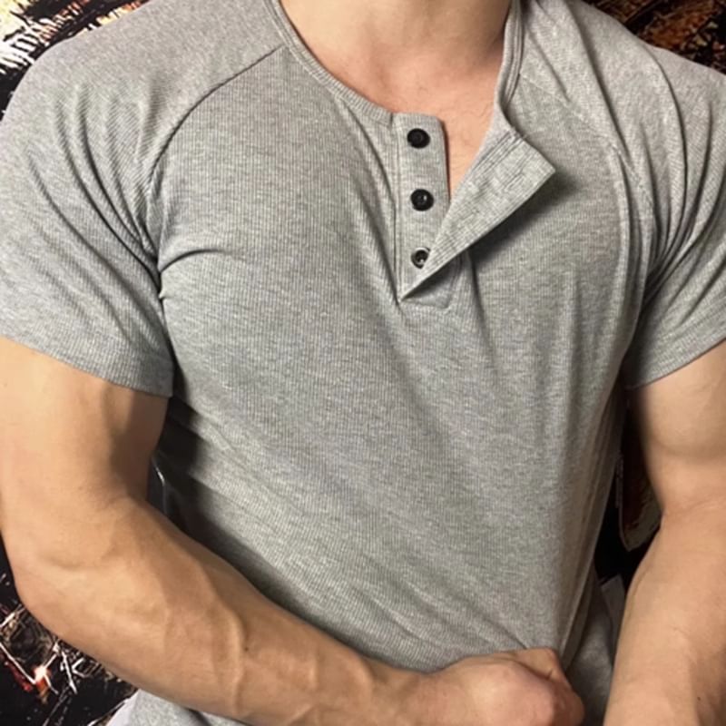 fluffush - Henley effen geribbeld T-shirt met korte mouwen
