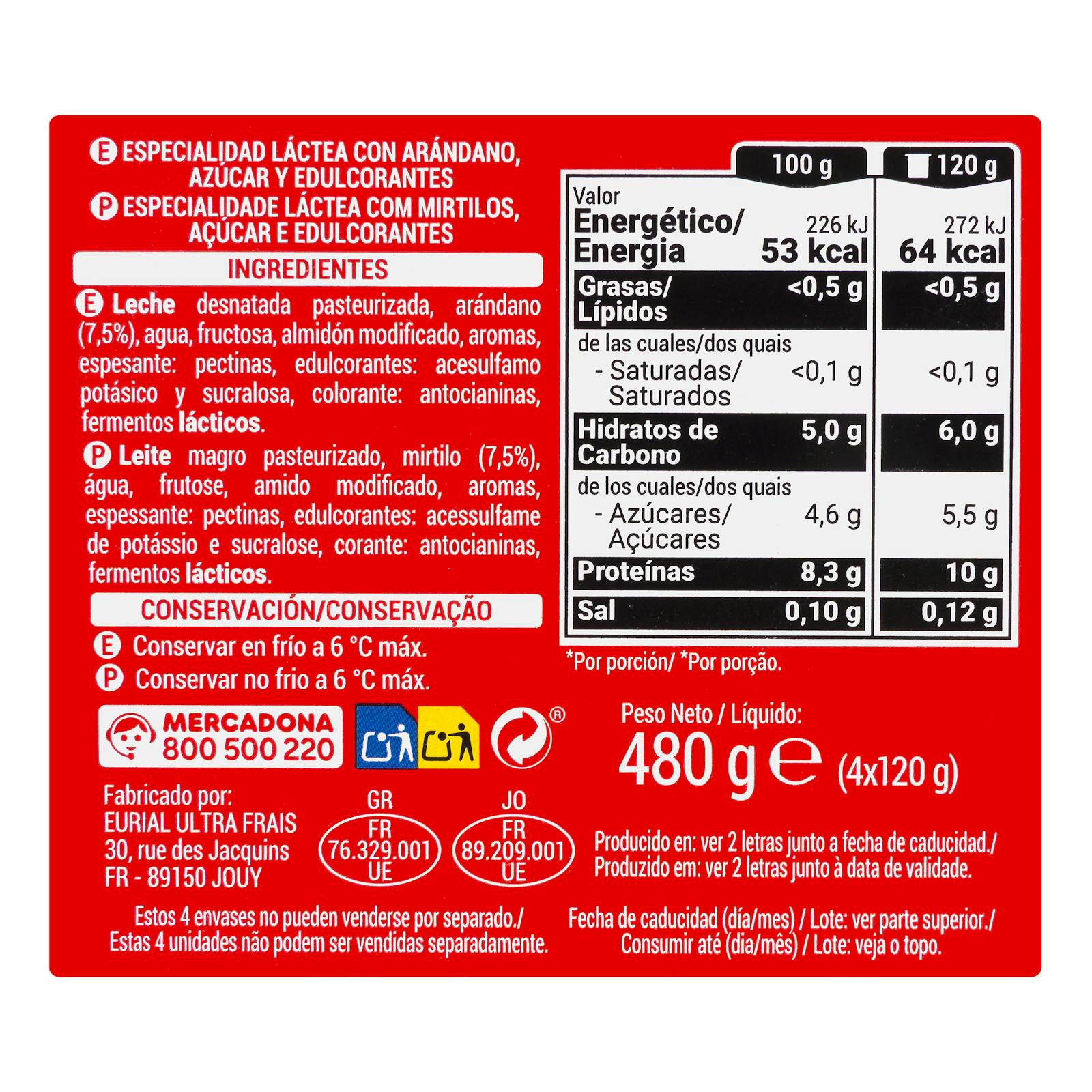 Dessert laitier aux myrtilles + Protéines Hacendado 0% mg 10 g de protéines