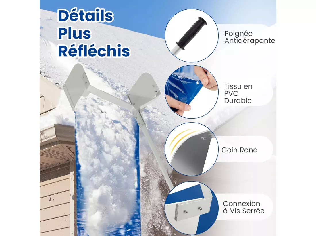 Râteau à Neige pour Toit avec 4 Tiges Longueur Max de 624 cm, Déneigement de Toit en Aluminium avec Poignée Antidérapante Tête de Coupe Large, pour Maison Véhicule Garage