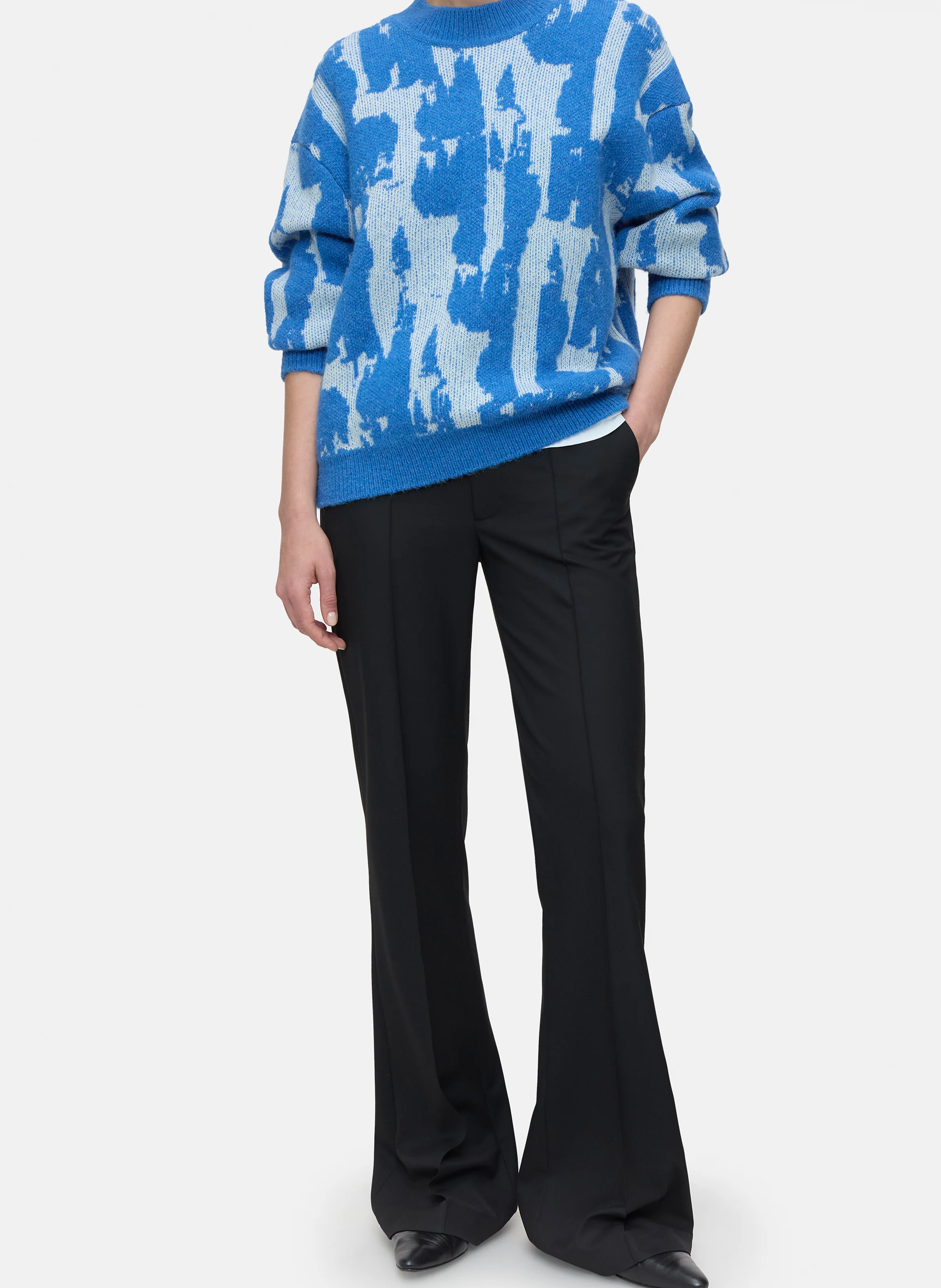Pull col rond jacquard en laine et en cachemire mélangés | Bleu
