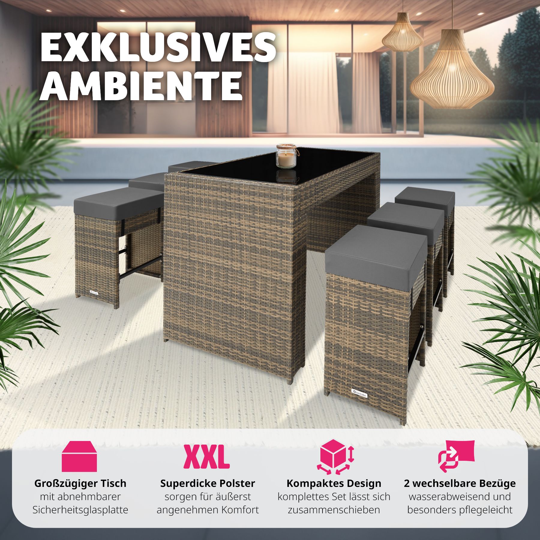 tectake® Rattan Barset, mit Aluminiumgestell, wetterfest und UV-beständig, 2 Bezugssets