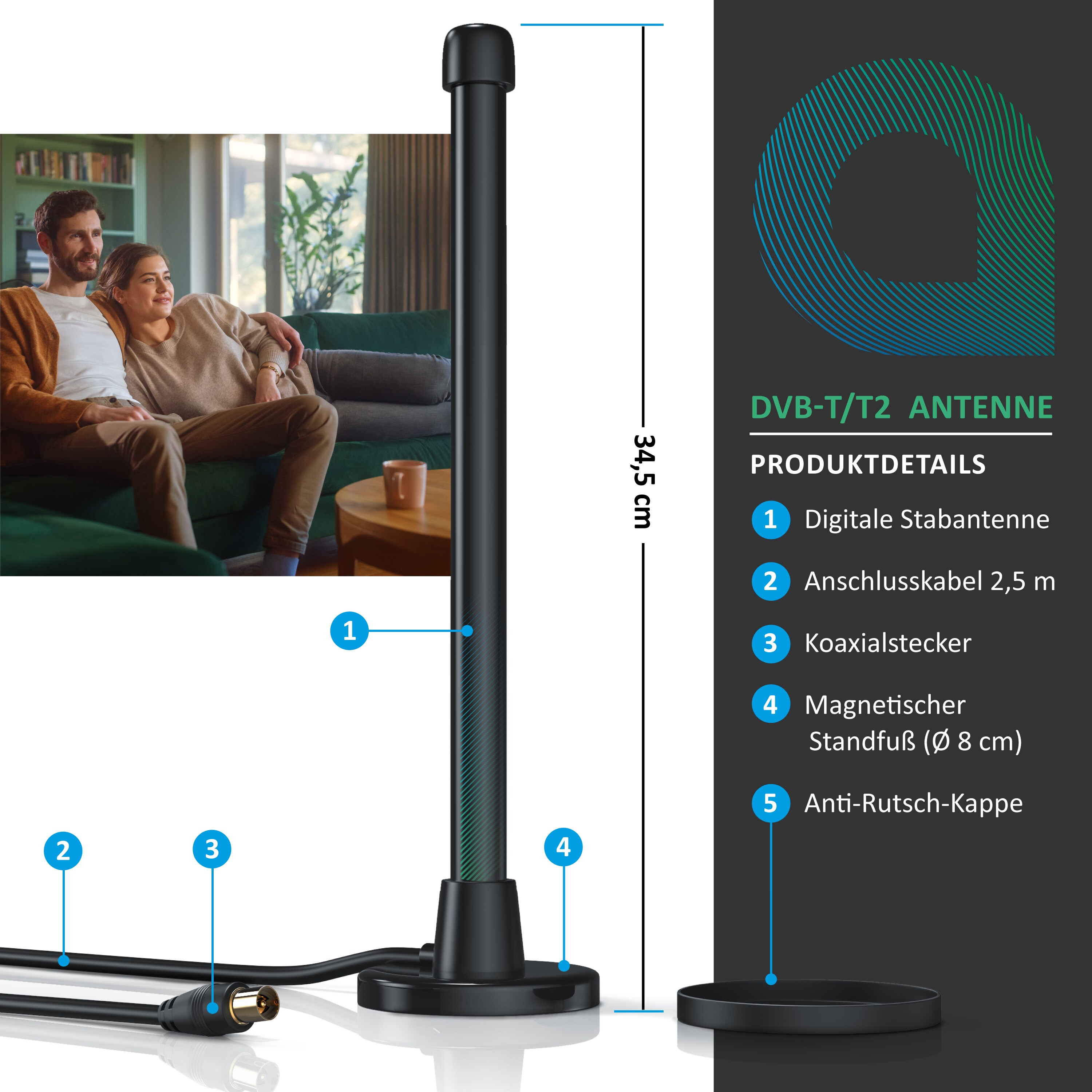 Aplic DVB-T2 digitale Stabantenne mit stabilem Magnetfuß bis zu 6 dBi / hohe Empfangsleistung