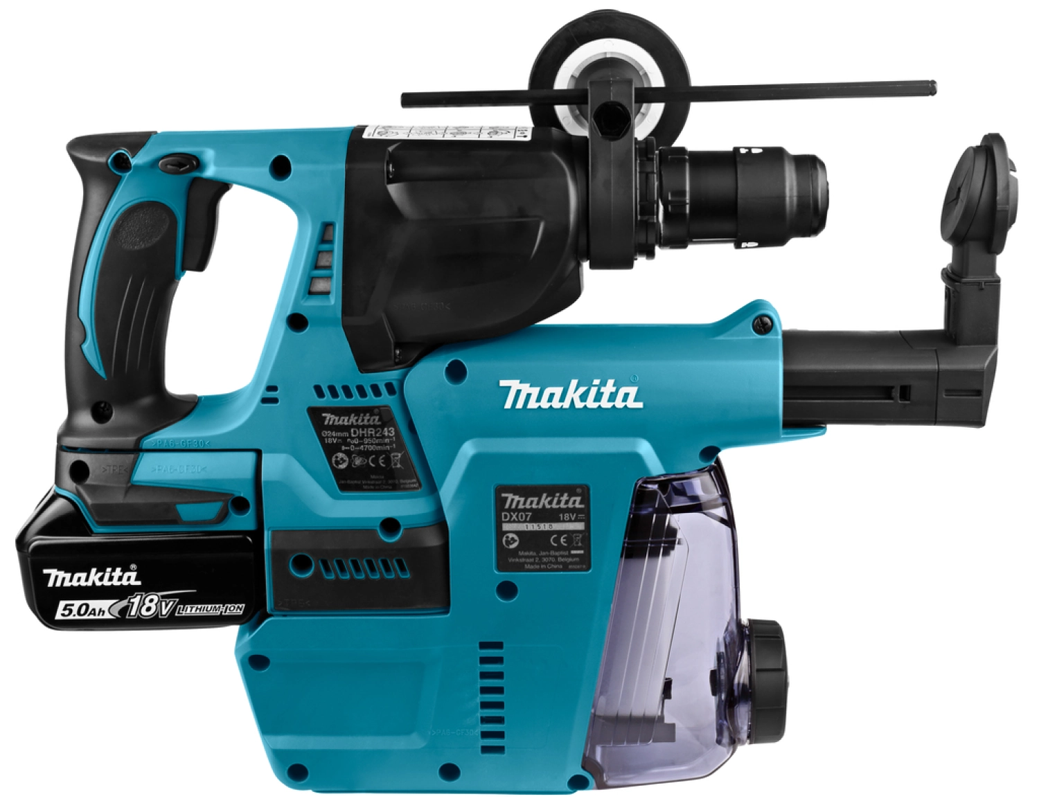 Makita DHR243RTJW 18V Li-Ion Accu SDS-plus combihamer incl. snelspanboorkop en stofafzuiging set (2x 5.0Ah accu) in Mbox - 2J - koolborstelloos