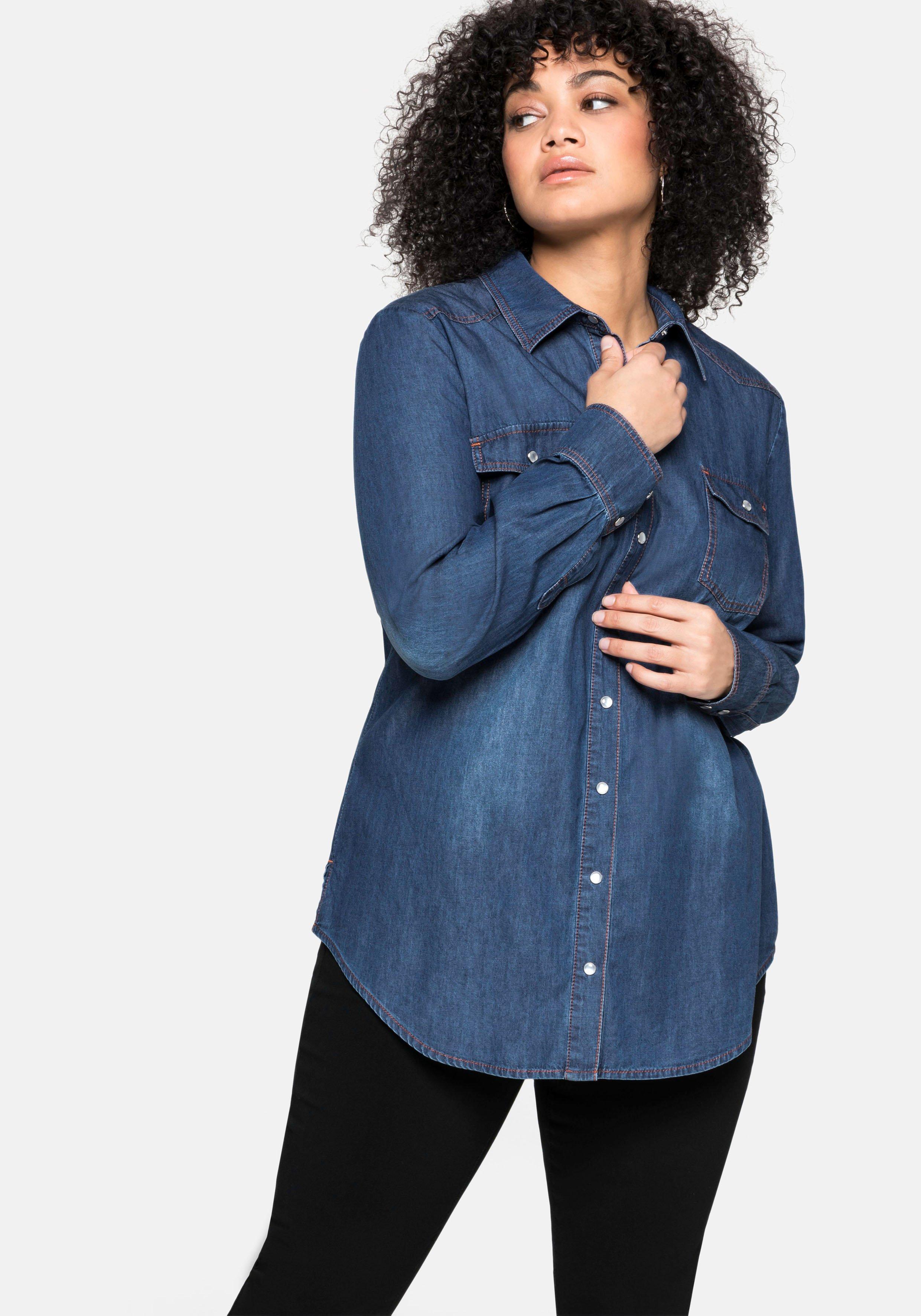 Jeansbluse mit Knopfleiste und Brusttaschen