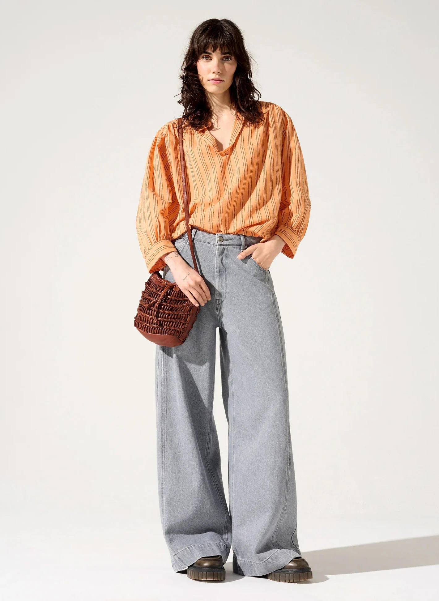 ZOFIA - Blouse oversized rayée en coton mélangé | Orange