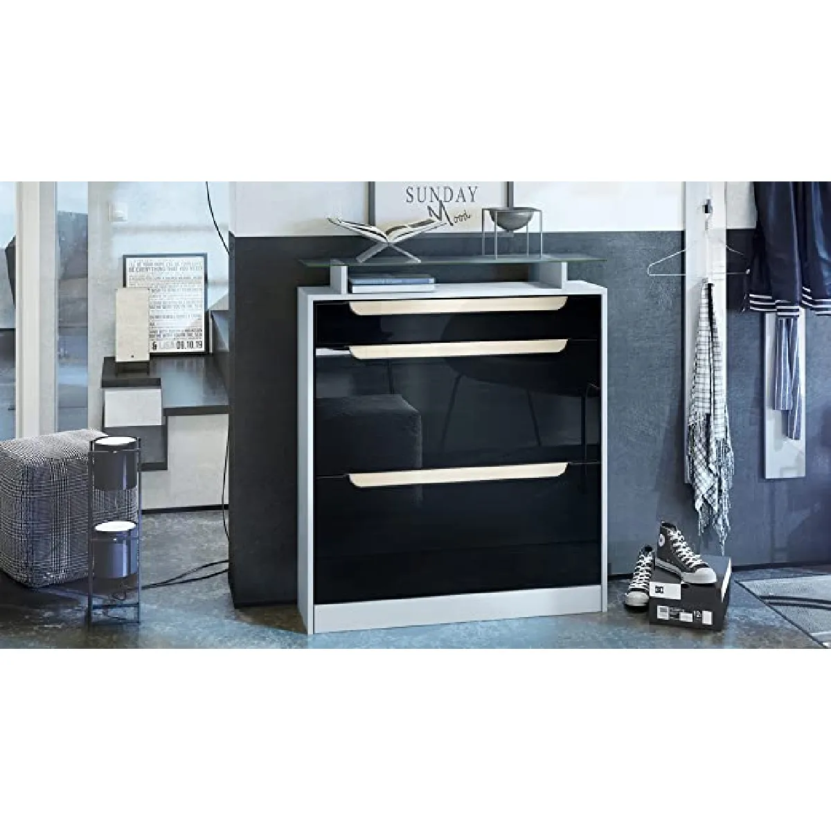 MPC Meuble à chaussures - Blanc mat/Noir brillant 89x104x23 cm