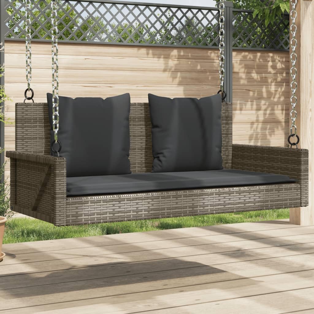 vidaXL Hängebank mit Kissen, Hängeschaukel mit Befestigungsringen, Schaukelbank für Außenbereich, Gartenschaukel, Modern, Grau Poly Rattan