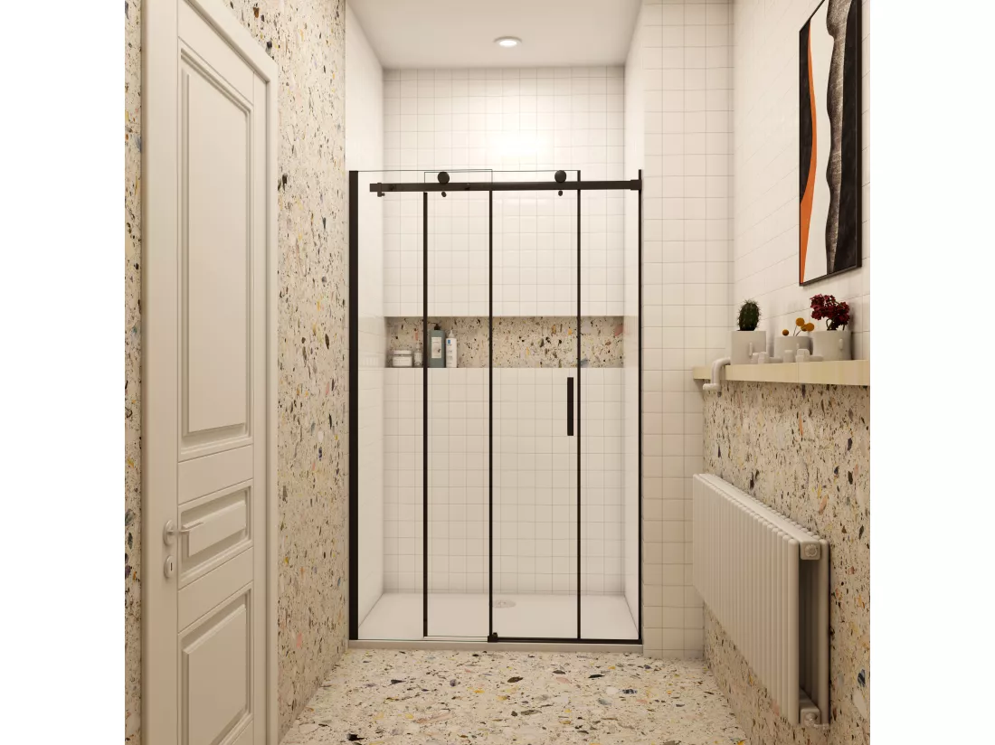 AICA porte de douche coulissante 100x200cm, noir mat style atelier, porte de douche coulissante noir en 8mm verre anticalcaire