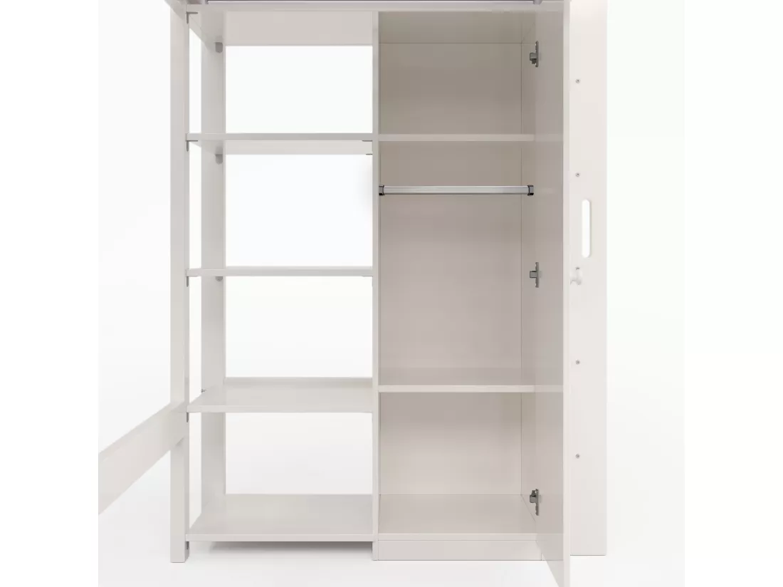 Lit mezzanine 90x200cm en bois massif - avec une armoire et étagères - Blanc