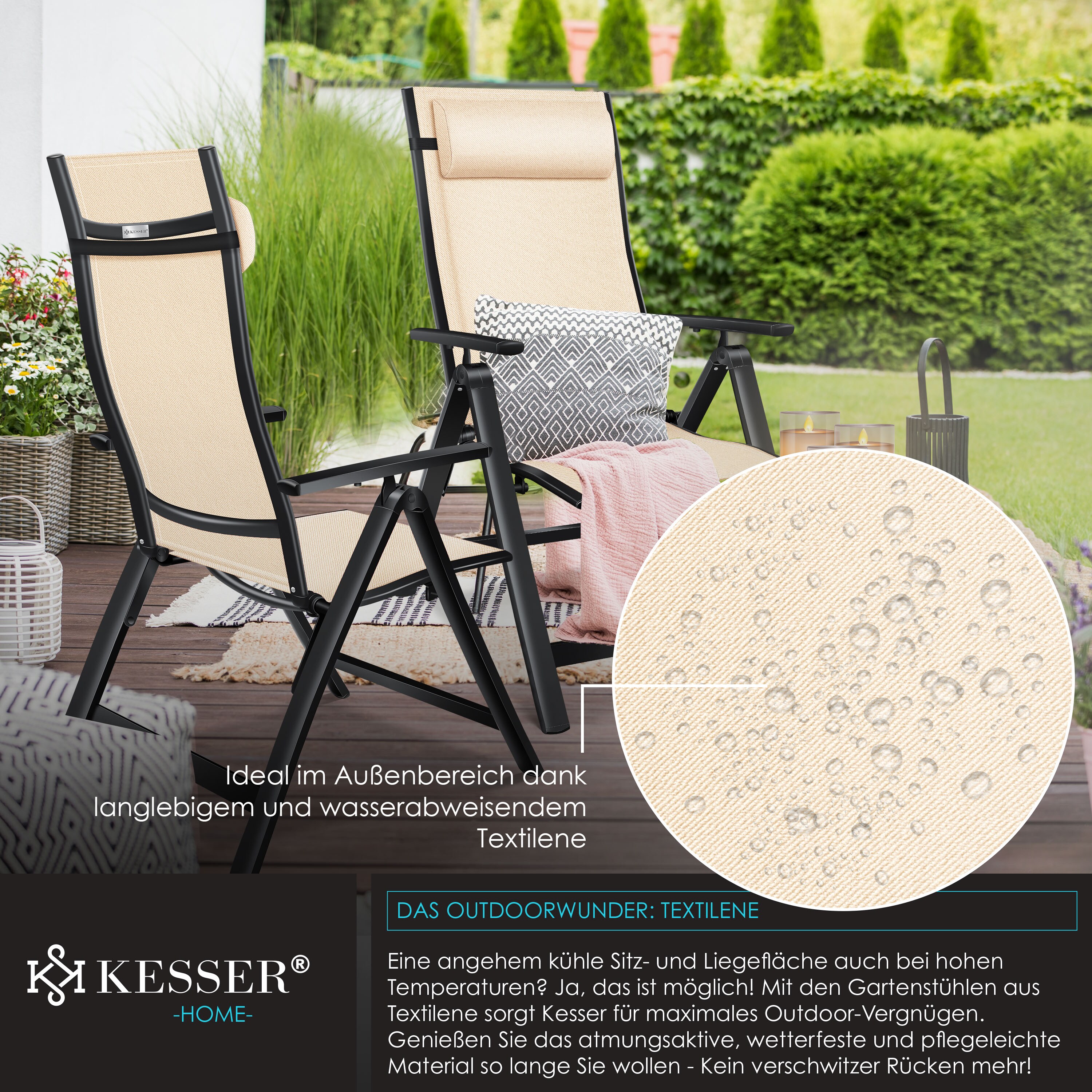 KESSER® Gartenstuhl Hochlehner mit Armlehnen | Aluminium Klappstuhl inkl. Kopfkissen Campingstuhl 7-Fach Verstellbar Rückenlehne | Atmungsaktiv & Wetterfest | Klappbar & Anti-Rutsch