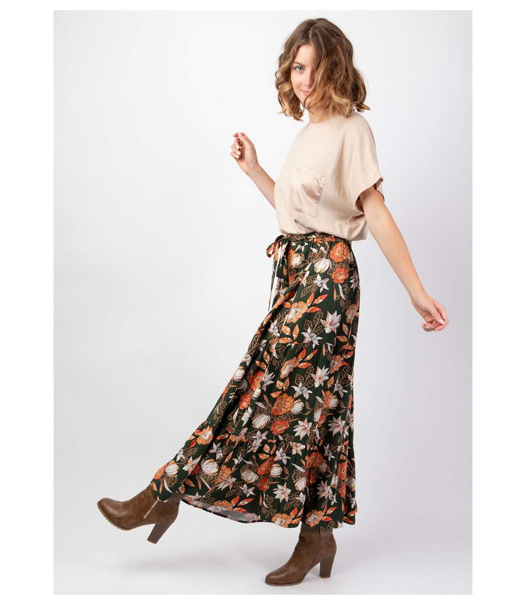 Jupe longue bohème en viscose épais FANNY imprimé fleuri kaki Coton Du Monde