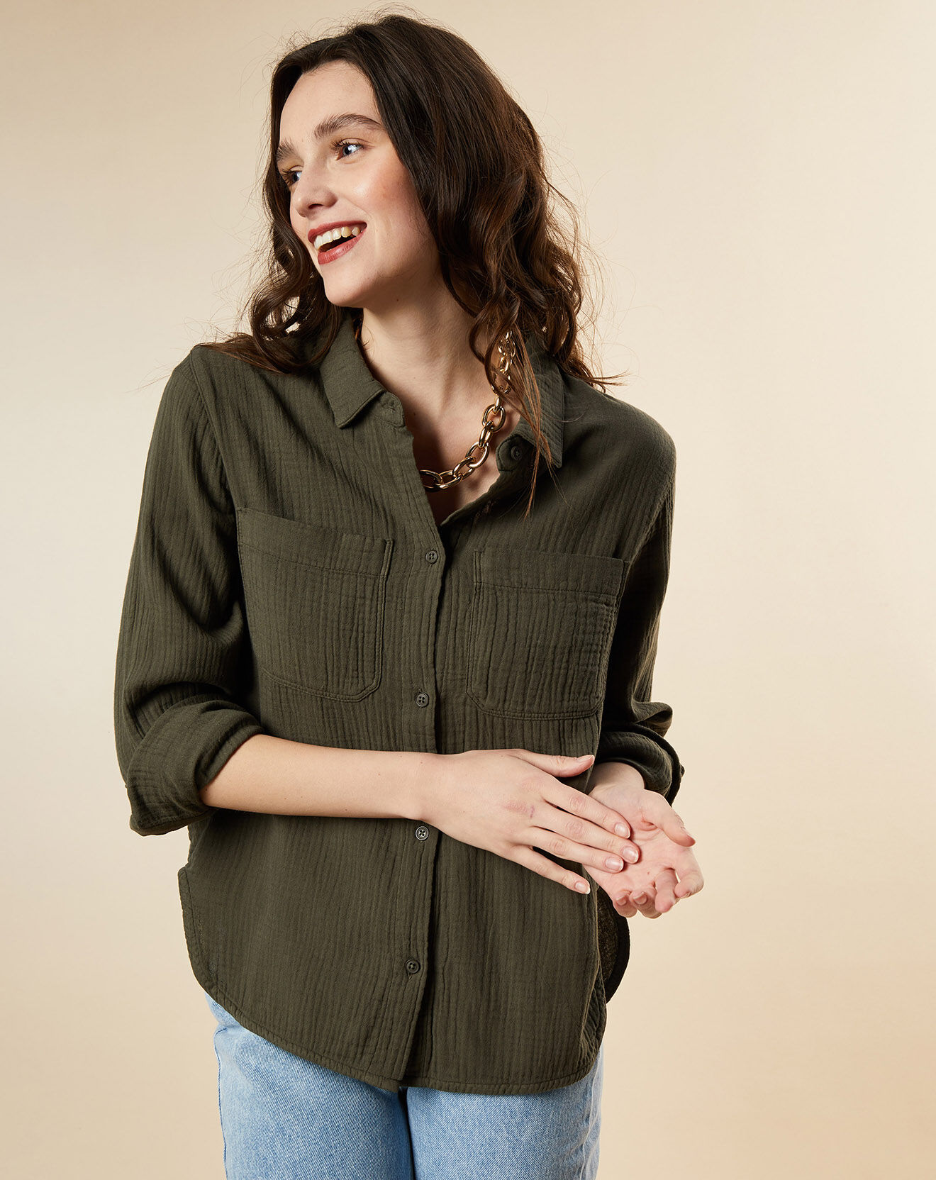 Chloé Stora Chemise en Gaze de Coton Chatou kaki