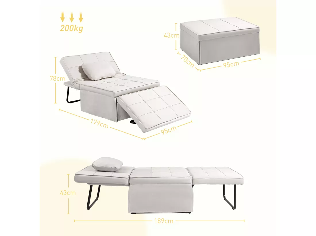 Fauteuil chauffeuse chaise longue pouf 3 en 1 dossier inclinable 5 niveaux repose-pied rabattable châssis métal noir lin crème