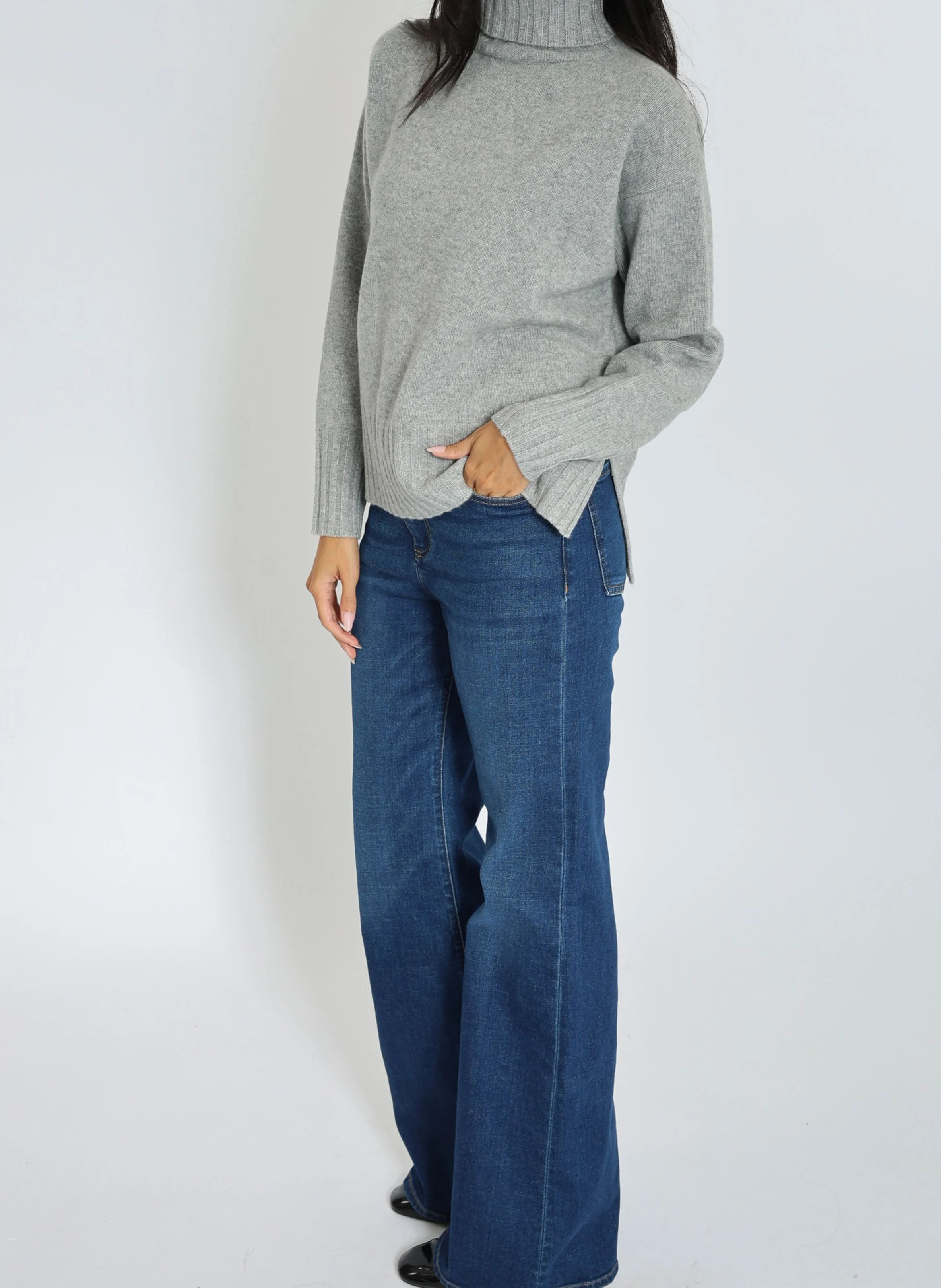 CELINA - Pull droit col roulé en laine mélangée | Gris