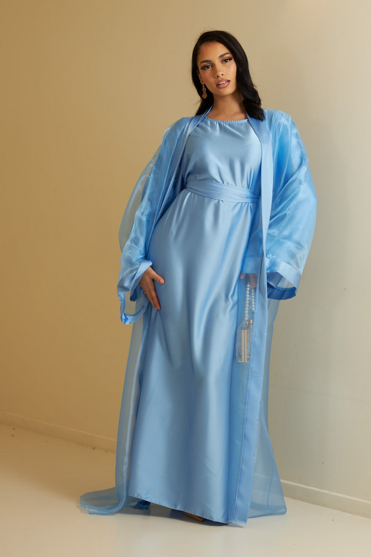 Ensemble 2 pièces abaya + kimono ceinturé bleu