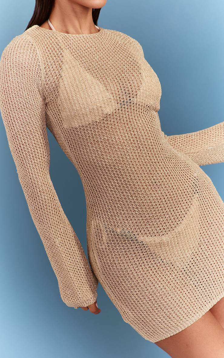 Doré Robe De Plage Mini Dos Nu En Maille Pailletée