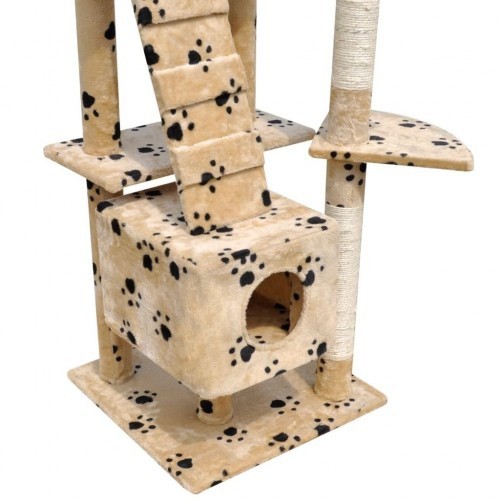 Arranhador bege para gatos com pegadas e casinhas.