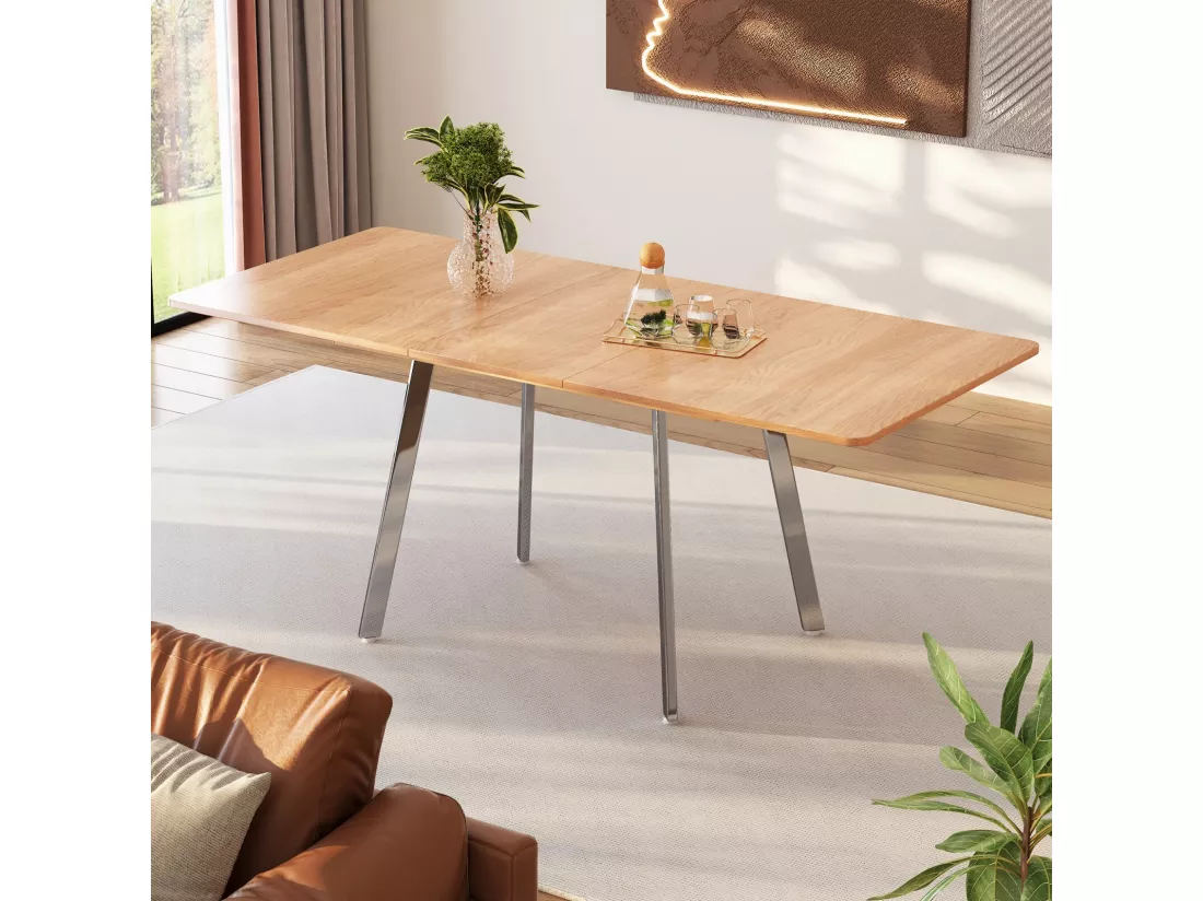 Table à manger extensible en MDF et alliage - 4 à 6 personnes - Naturel et argenté - 140-180x80x75cm