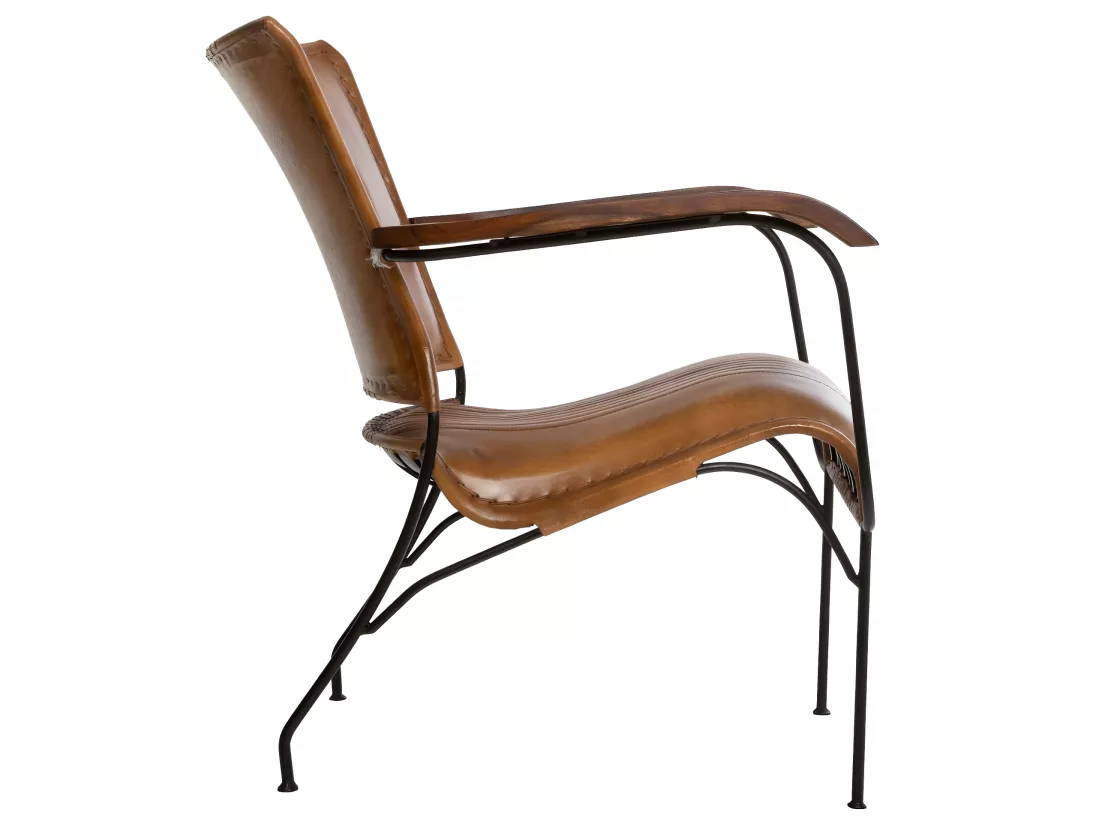 Fauteuil en Métal Noir et Cuir Cognac accoudoirs en Bois de Manguier