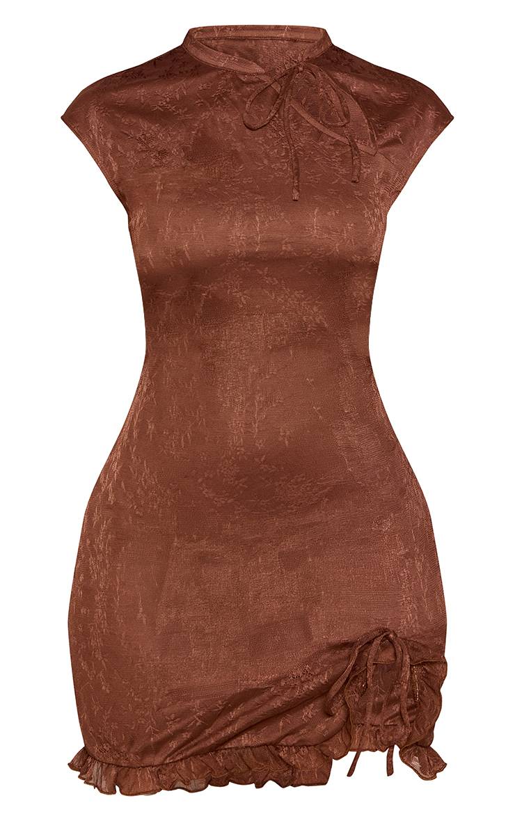 Chocolat Robe Courte Petite Avec Superposition De Dentelle À Détail Noué Et Manches Courtes À Motif Floral