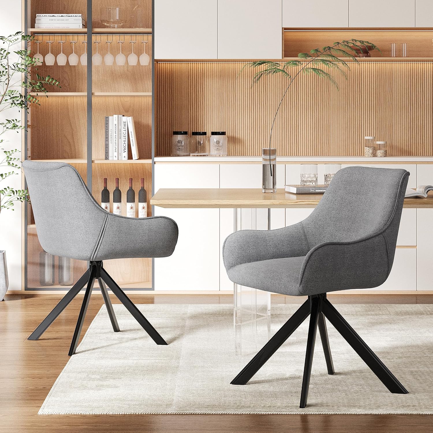 Esszimmerstühle Drehbar 4er Set mit Armlehne – 360°Drehbar Polsterstuhl Leinen Modern Drehstuhl Küchenstuhl mit Metallgestell und Rückenlehne für Esszimmer, Wohnzimmer, Büro, Hellgrau
