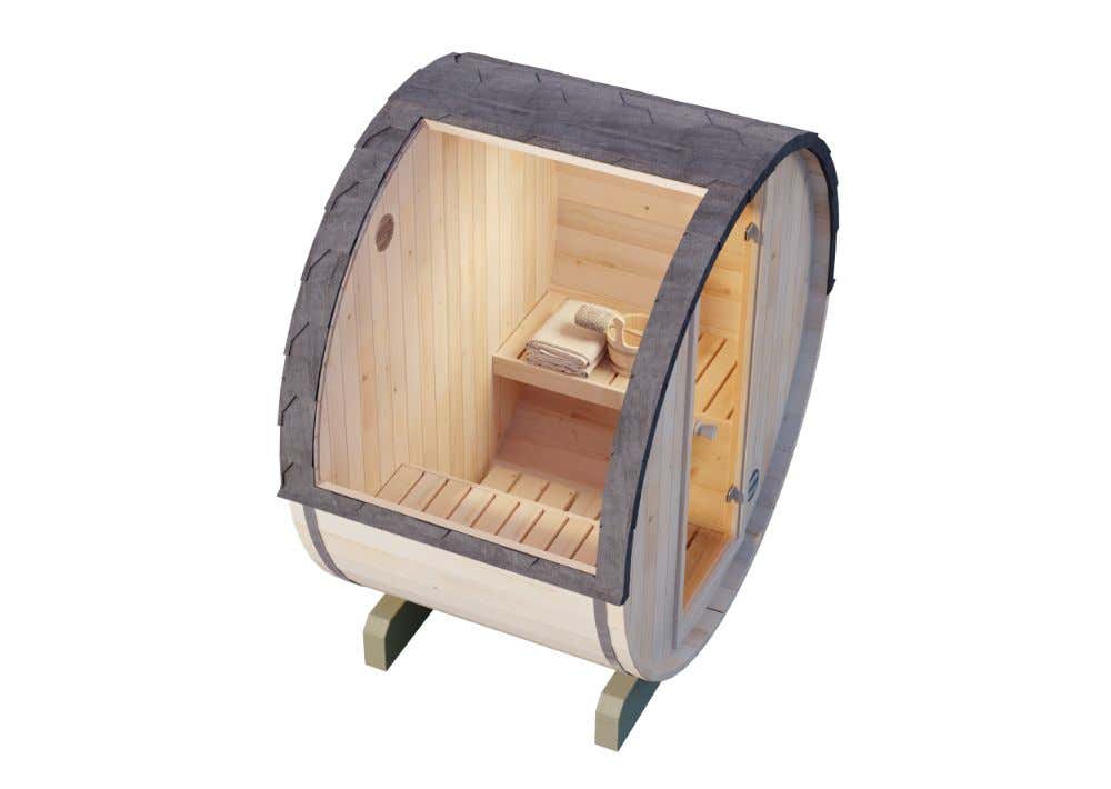 FinnTherm Barrel Sauna Mini XXS, 3 houten banken, wanddikte 42 mm, buitensauna met bevestigingsmateriaal, natuurlijke afwerking, 1,9 x 1,3 m
