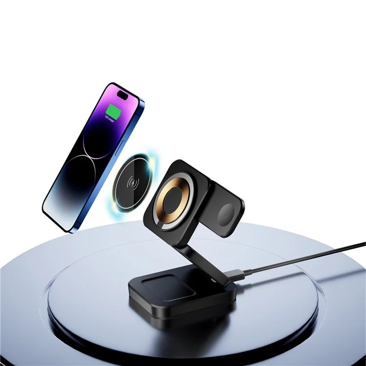 (15W) 3in1 MagSafe Ladegerät Qi Wireless Charger Faltbarer Ladeständer für Apple Watch / Smartphone / AirPods - Schwarz
