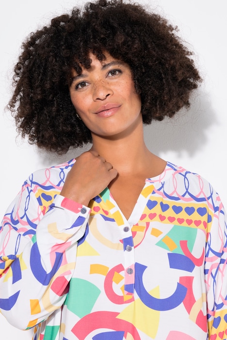 Kleid, Midilänge, Patch-Druck, Tunika-Ausschnitt, Langarm