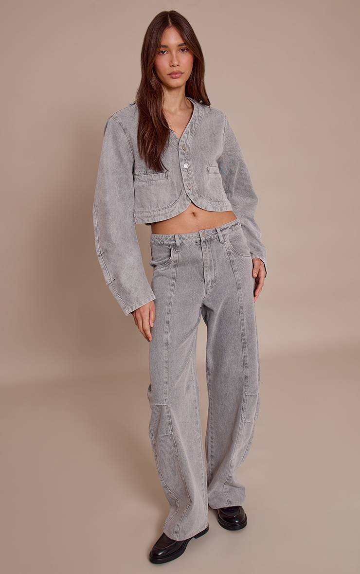 Gris Jean Barrel Taille Mi-haute Avec Détails De Coutures