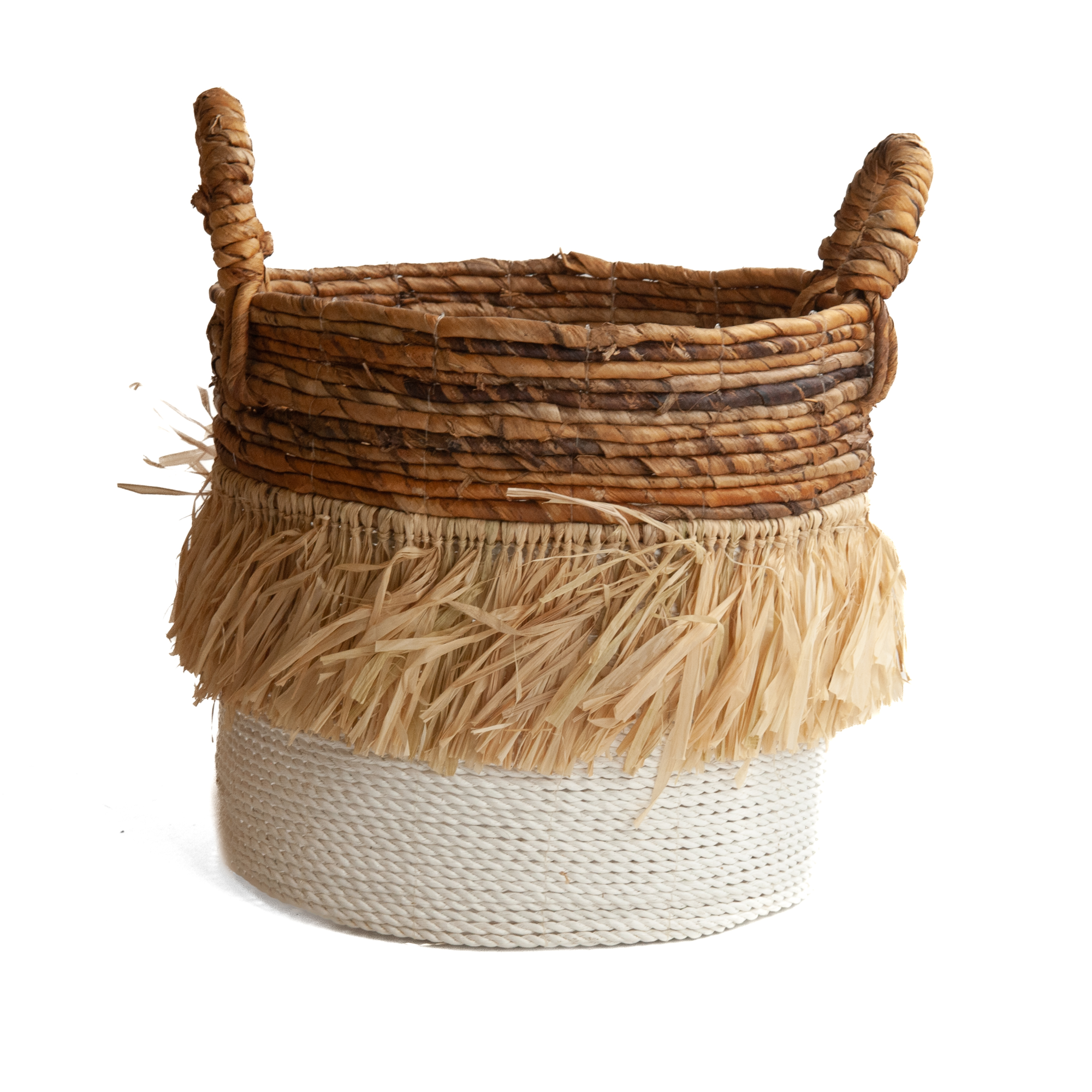 Zeegras raffia gevlochten mand natural/wit L