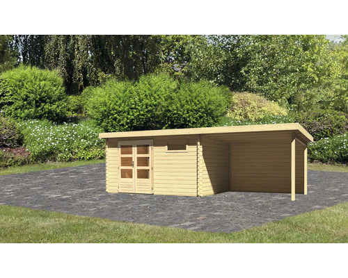 Karibu Noorvik 8 tuinhuis inclusief 3m verlengdak, 704 x 333cm achterwand, natuurlijke afwerking