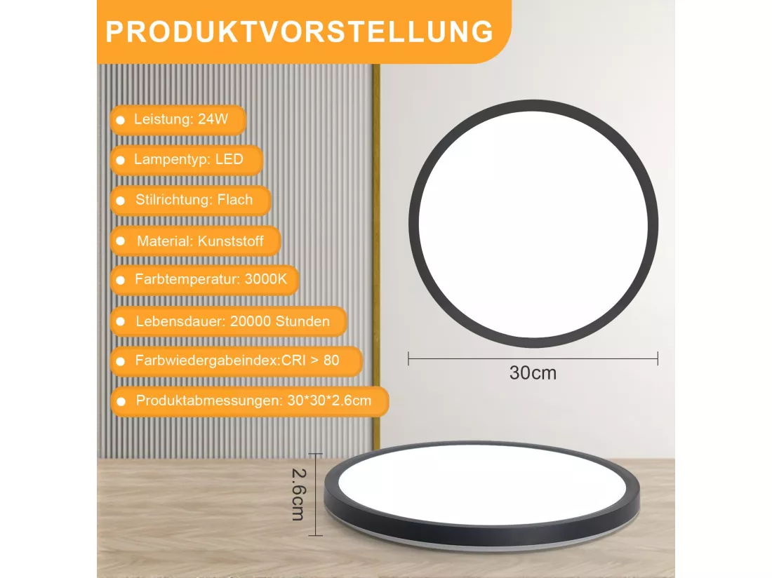 NETTLIFE Plafonnier LED Salle de bain Plat 30CM 24W Rond Blanc Plafonnier Cuisine Non-variable