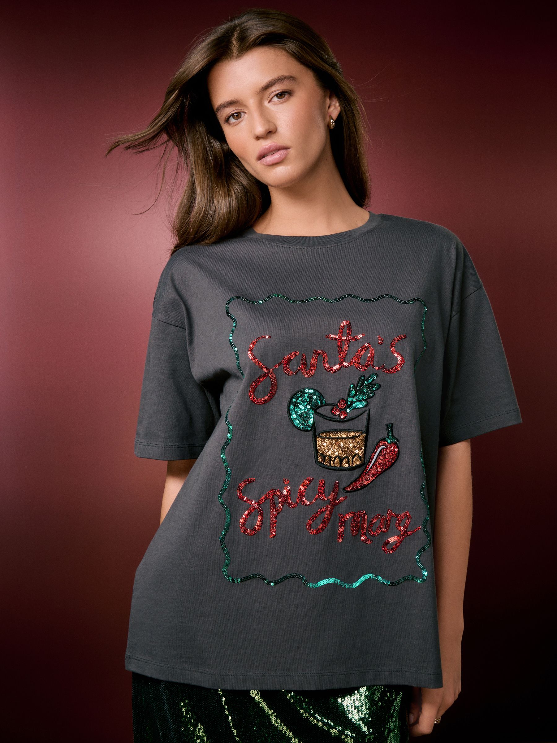 Zwart - Christmas Festive Sequin Spicy Margarita Short Sleeve T-Shirt