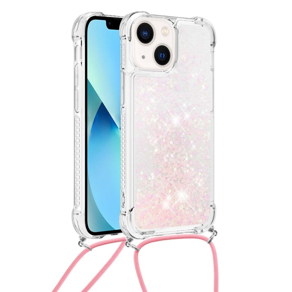 iPhone 14 Necklace Gummi Hülle Liquid Glitzer   Handykette (130cm) - Rosa