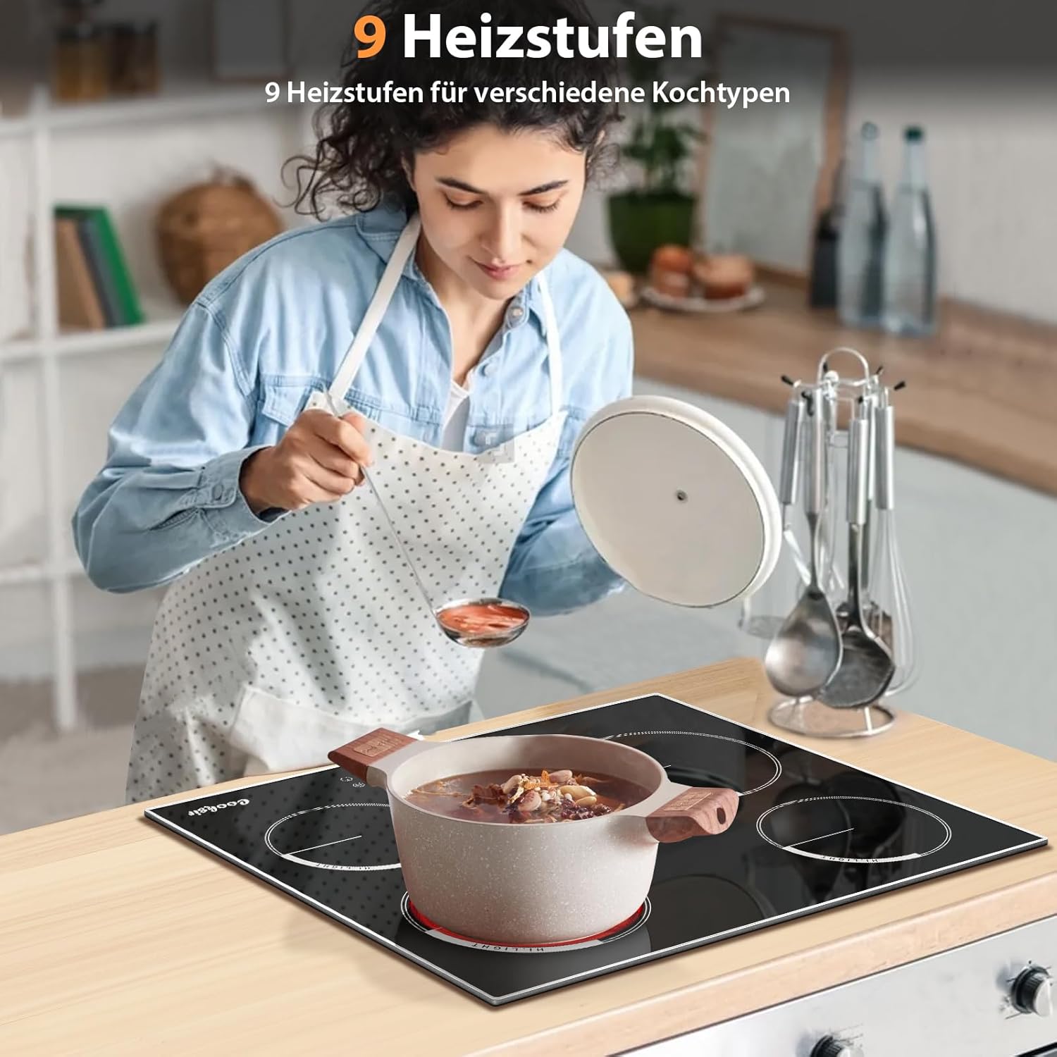 Glaskeramikkochfeld 4 Platten mit Rahmen, 60cm Einbau Herdplatte 4 Kochfelder, Kochfeld Autark, 6000Watt, 9 Leistungsstufen, Rahmen aus Edelstahl, Sicherheitsschloss, 220v, Kein Stecker