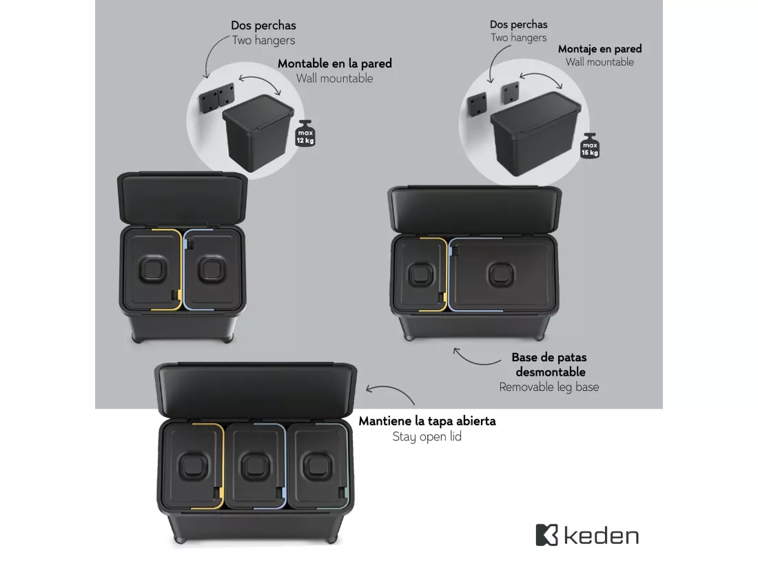 Système de classification de recyclage 3 x 10 litres Keden 57x29x41