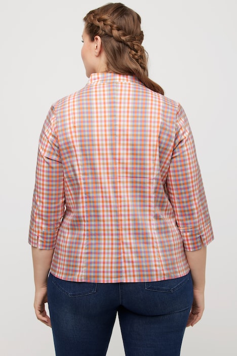 Bluse, Karo, Slim, Kelchkragen, V-Ausschnitt, 3/4-Arm