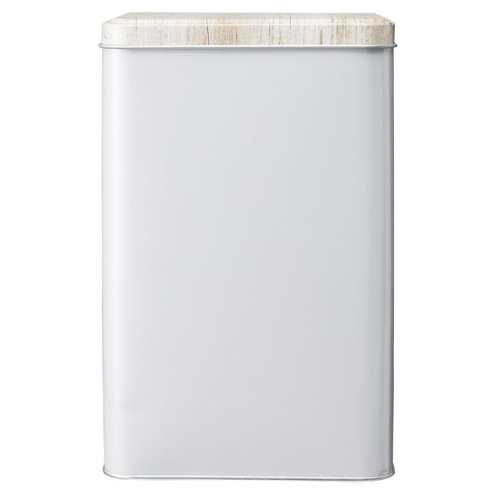 Boîte rectangulaire en métal gris avec couvercle effet bois