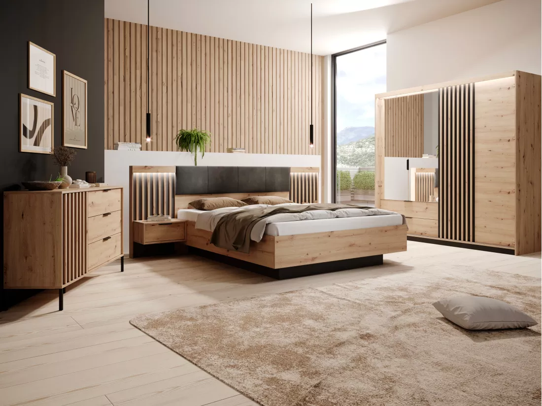 Lit coffre avec chevets 160 x 200 cm - Avec LEDs - Coloris : Naturel et noir + Matelas - ARIADA