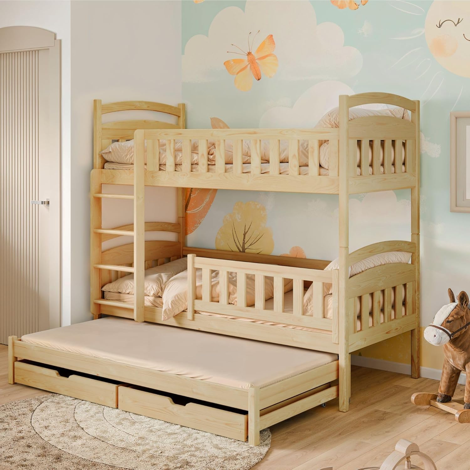 Kids Collective Hochbett 90x200 Etagenbett Kinderbett Jugendbett Stockbett 3 Kinder, Zwei Schubladen & Rausfallschutz umbaubar in 3 Einzelbetten | 4. bis 16. Lebensjahr | inkl. Lattenrosten | Natur