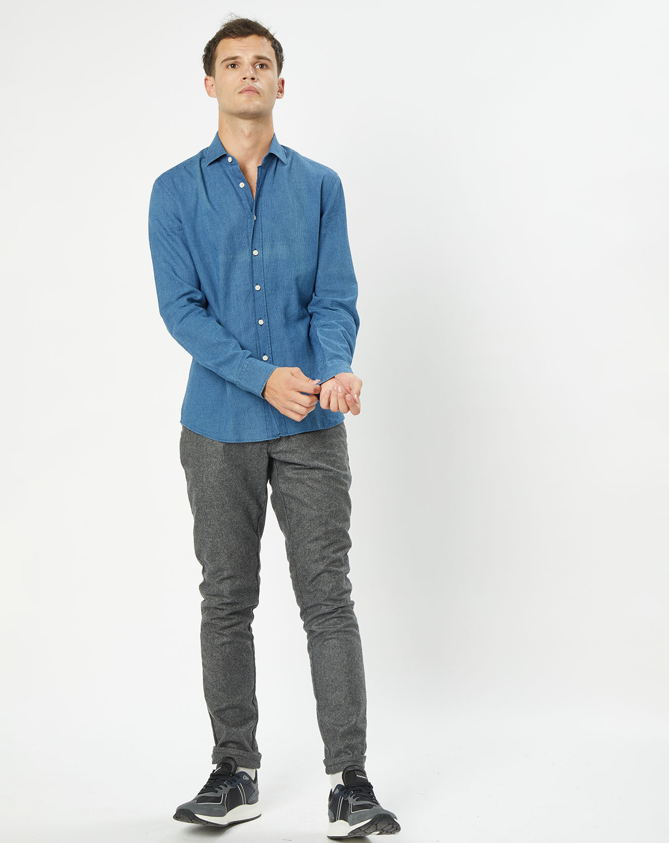 Hackett London Chemise en Lin & Coton Slim Fit Text micro imprimé bleu moyen