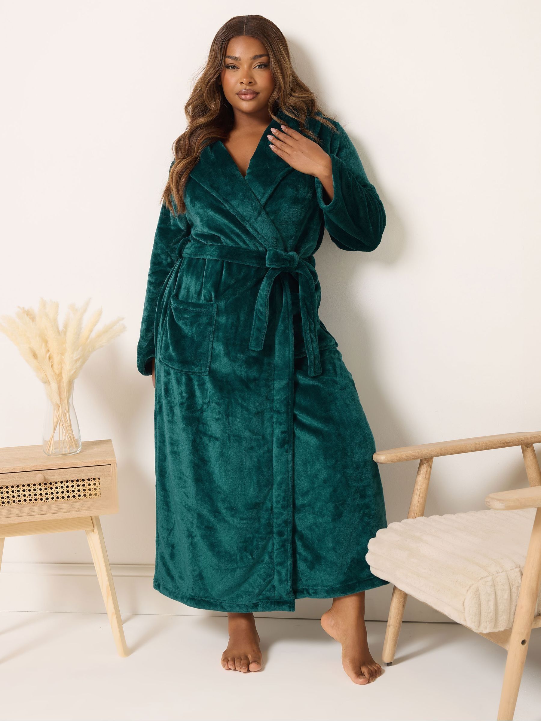Groen - Yours Curve Super Luxe Maxi-badjas met sjaalkraag