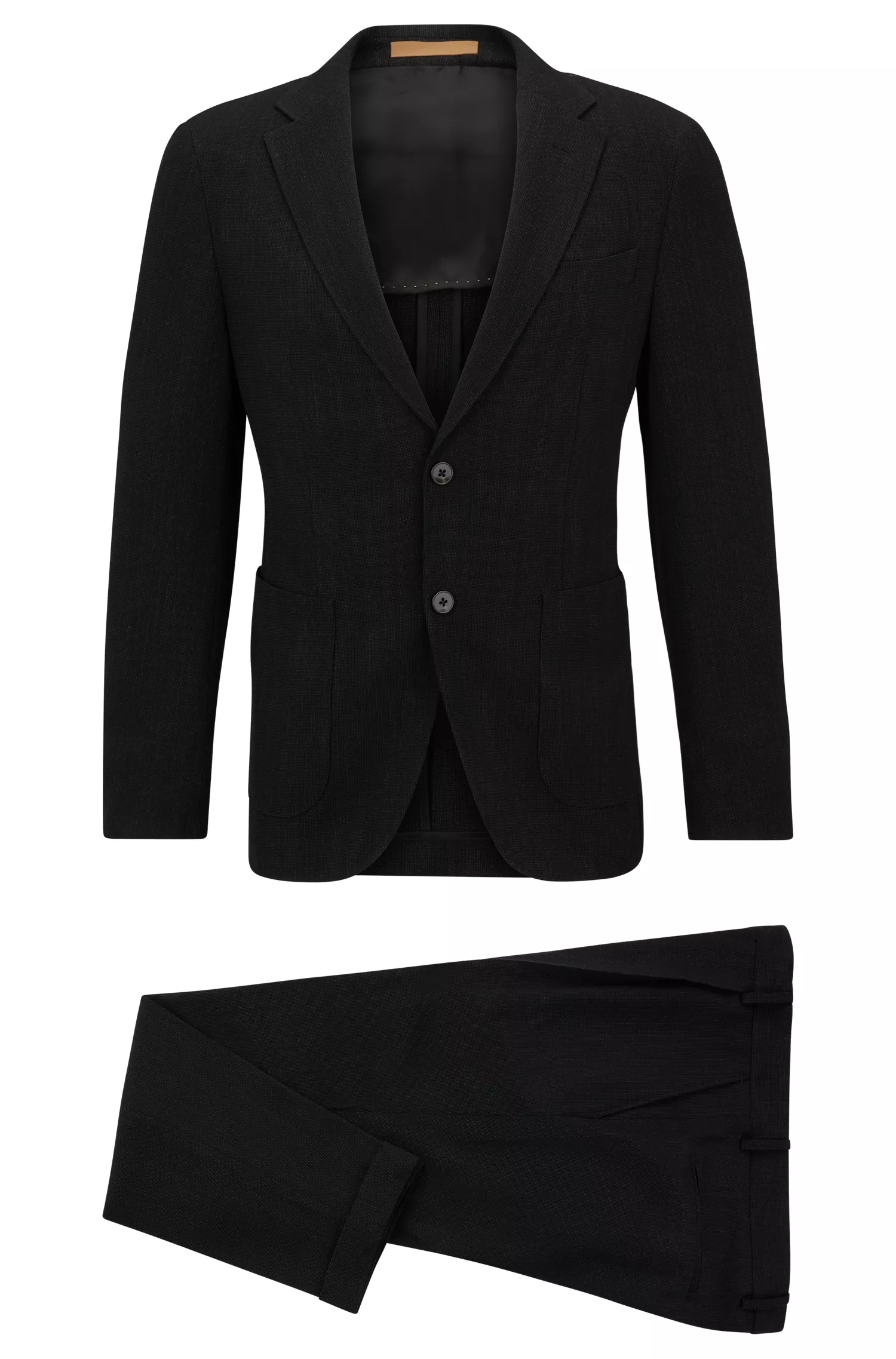 Terno BOSS cor camelo, corte slim, em mistura de lã com microestampa.