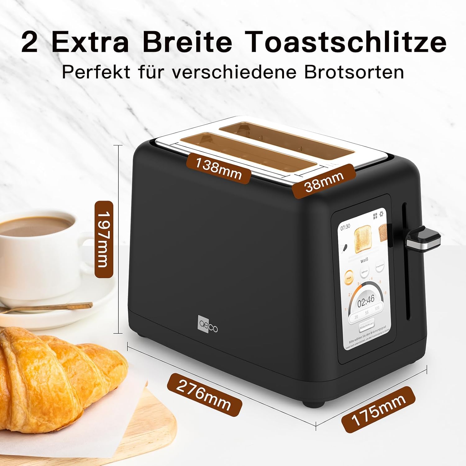 aeco toastlab Elite Toaster 2 Scheiben, Brötchenaufsatz, extra breite Toastschlitze, 6 Bräunungsstufen, 10 Programme, 850W, 5
