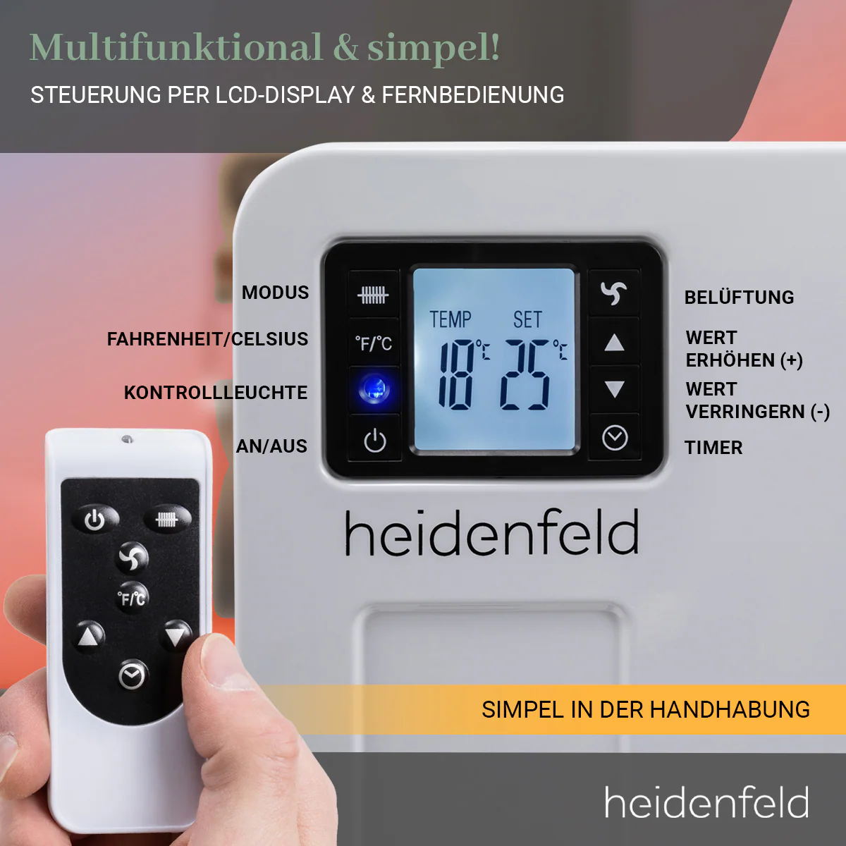 Heidenfeld Konvektorheizung EK100, Standgerät oder Wandmontage, 1000-2300 Watt, Timer, bis 40 m²
