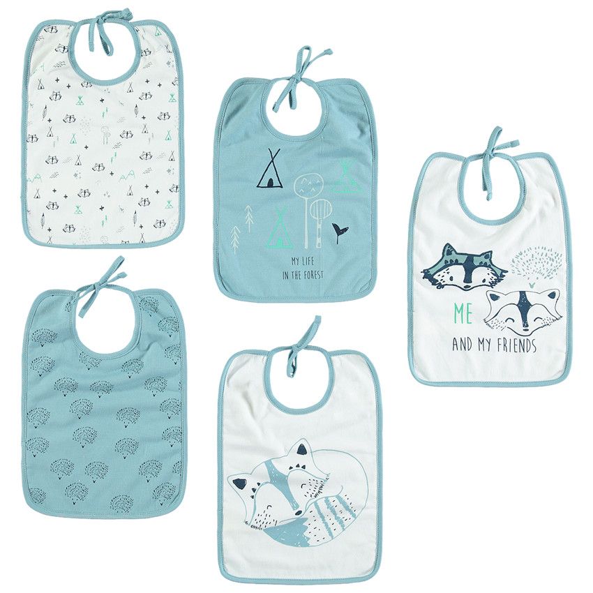 Lot de 5 bavoirs en jersey prints renards - Bleu moyen