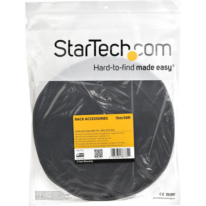 StarTech.com Ruban Auto Agrippant - Rouleau de 15,2 m pour Gestion de Câbles - Ruban Auto-Agrippant - Attaches Câble Ajustables - Sangles de Gestion de Câbles Auto-agrippantes et Réutilisables - Noir