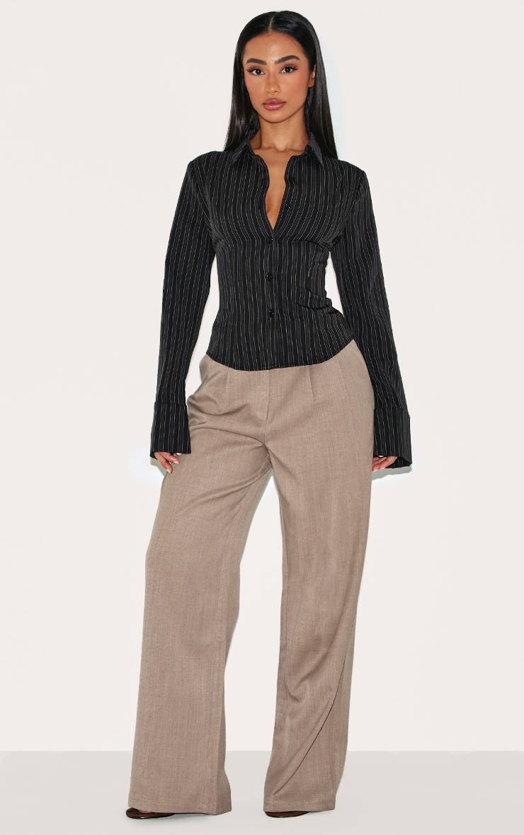 Noir Chemise Ajustée Petite À Rayures Et Manches Longues