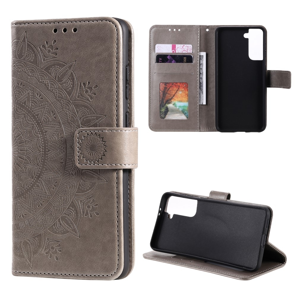 Samsung Galaxy S21 5G Leder Tasche Wallet - Mandala Flowers Imprint - Grau